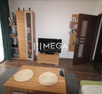 Wohnzimmer in einer 3-Zimmer-Wohnung mit Möbeln, Fernseher und Holzboden.