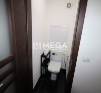 Kleines WC in einer 3-Zimmer-Wohnung mit dunklen Türen und schwarzen Fliesen.