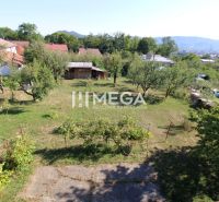 Garten beim Einfamilienhaus im Wohngebiet Poľana in Humenné mit Rasen und Obstbäumen.