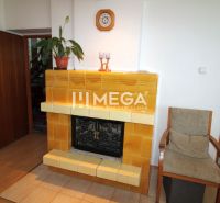 Innenraum eines Einfamilienhauses mit Kamin und Holzboden, einfache Einrichtung.