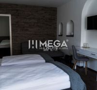 Hotelzimmer mit Fliesenwand, Boden mit Holzdekor und Schreibtisch.