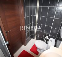Badezimmer in der Ferienwohnung mit Dusche, Toilette und schwarzen Fliesen.