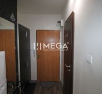 Flur in einer Ferienwohnung mit Holzboden, Tapeten und Kühlschrank.