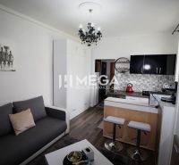 Küche einer Ferienwohnung mit Tresen, Holzboden und grauem Sofa.