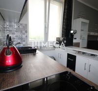 Küchenzeile mit dekorativen Verkleidungen und Geräten im Ferienapartment.