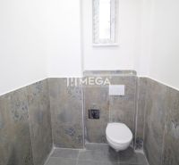 Ein Badezimmer in Geschäftsräumen mit einfachem Design verfügt über eine Toilette und ein schmales Fenster.