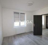 Ein Zimmer mit einem Holzboden in einer Zweizimmerwohnung, weiße Wände, ein Fenster, eine Tür.