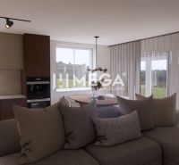 Wohnzimmer mit Holzboden, Sofa und Küchenzeile in einem Einfamilienhaus.