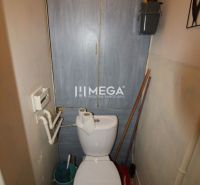 Toilette mit Holzelementen in einer 2-Zimmer-Wohnung mit Grundausstattung.