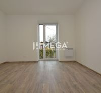 Zimmer in einer 3-Zimmer-Wohnung, Boden mit Holzdekor, Balkontüren.