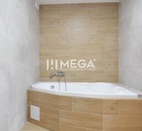 Badezimmer in einer 2-Zimmer-Wohnung mit Badewanne und Fliesen in Holzoptik.