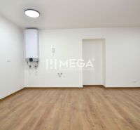Ein geräumiges Zimmer mit einem Boden in Holzoptik und einem montierten Heizkörper in einer 2-Zimmer-Wohnung.
