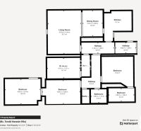 Grundriss eines Einfamilienhauses mit fünf Schlafzimmern, einer Küche, einem Esszimmer und einem Wohnzimmer.
