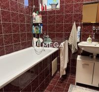 Ein Badezimmer in einem Einfamilienhaus mit roten Fliesen, einer Badewanne und einem Waschbecken mit einem Aufbewahrungsschrank.