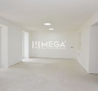 Blick auf ein leeres Zimmer in einer 3-Zimmer-Wohnung mit großen Fenstern und weißen Wänden.