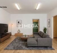 Gewerbeflächen mit Holzboden, grauem Sofa und Pflanzen.