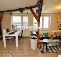 Wohnzimmer mit Esstisch, Sofa, Teppich, Holzboden, Dekorationen.