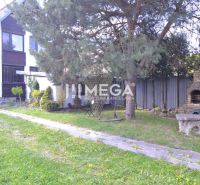 Der Garten des Einfamilienhauses in Koškovce mit einem großen Baum und einem Außenkamin.