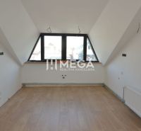 Dachgeschosszimmer mit Holzboden und großem Fenster in einer 2-Zimmer-Wohnung.
