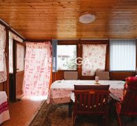 Innenraum eines Einfamilienhauses mit Holzdecke, Sitzgarnitur, Tisch und dekorativen Vorhängen.