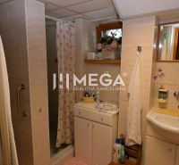 Badezimmer im Einfamilienhaus mit Duschkabine und Blumendekoration.