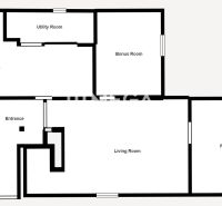 Grundriss des Einfamilienhauses enthält Küche, Wohnzimmer, Hauswirtschaftsraum und Bonusraum.