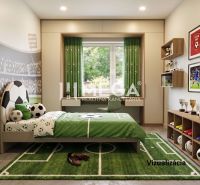 Kinderzimmer in einem Einfamilienhaus mit Fußballthema; grüne Dekorationen und Fußballmotive.