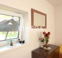 Ein Blumenstrauß und ein Spiegel in einem Einfamilienhaus, minimalistische Dekoration und Holzmöbel im Interieur.