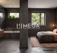 Badezimmer und Schlafzimmer mit gedämpften Farben und Holzboden in einem Einfamilienhaus.
