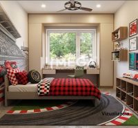 Kinderzimmer mit Motorsport-Thema in einem Einfamilienhaus, mit Bett und dekorativen Bildern.