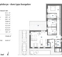 Grundriss eines Bungalows mit drei Zimmern und einer Terrasse in einem Einfamilienhaus.