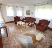 Wohnzimmer in einem Einfamilienhaus mit Ledersesseln und einem Teppich auf den Fliesen.