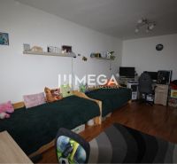Kinderzimmer in einer Zweizimmerwohnung mit Bett, Schreibtisch und Boden in Holzoptik.