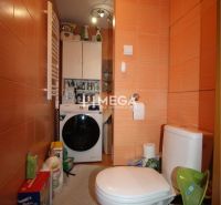 Badezimmer mit Waschmaschine und Toilette in einer 2-Zimmer-Wohnung mit orangefarbenen Keramikfliesen.