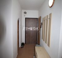 Der Flur einer 2-Zimmer-Wohnung mit einer Garderobenwand, einem Schuhschrank und braunen Fliesen.