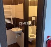 Toilette in Geschäftsräumen mit braunen und weißen Fliesen.