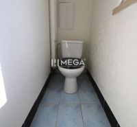 Badezimmer in einer 3-Zimmer-Wohnung mit Toilette und blauen Fliesen.