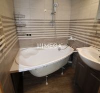 Badezimmer mit Badewanne und Waschbecken in einer 3-Zimmer-Wohnung. Boden mit Holzdekor.