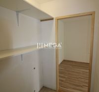 Eingangsbereich mit Regalen und Boden in Holzdekor in einer 3-Zimmer-Wohnung.