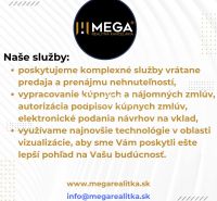 Werbung für die Dienstleistungen der Immobilienagentur Mega, einschließlich Verkauf, Vermietung und Visualisierung.