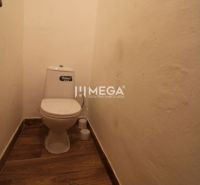 Toilette in einer 2-Zimmer-Wohnung mit Holzboden.