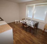 Küche in einer 2-Zimmer-Wohnung mit Holzboden und Esstisch.