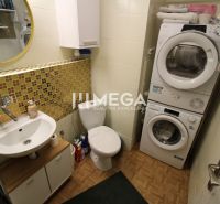 Badezimmer in einer 2-Zimmer-Wohnung mit Waschmaschine und Trockner, Fliesen mit Holzdekor.