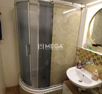 Badezimmer in einer 2-Zimmer-Wohnung mit Holzboden, Duschkabine und Waschbecken.