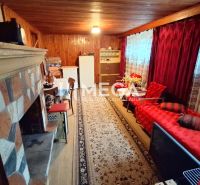 Wohnzimmer in einem Einfamilienhaus mit Kamin, Holzbalkendecke und Blumenmusterteppich.