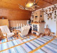 Innenraum einer Hütte mit Kamin, Holzverkleidung und Dekorationen aus Geweihen.