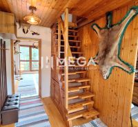 Innenraum einer Hütte mit Holzverkleidung, Treppe und Küchenzeile, ergänzt durch dekoratives Fell.