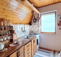 Eine Küche in einer Hütte mit Holzelementen und Regalen voller Gewürze und Geschirr.