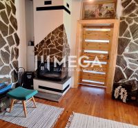 Ein Zimmer in einem Einfamilienhaus mit Kamin, Steinwänden und einem Boden in Holzoptik.