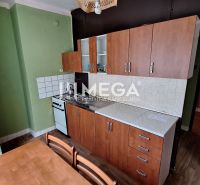 Küche in einer 2-Zimmer-Wohnung mit Holzboden und grünen Wänden.